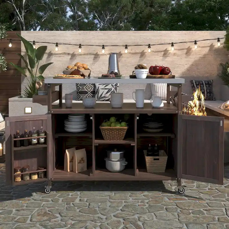 Outdoor Kitchen Island, Rolling Bar Cart & Storage Cabinet,Solid Wood Grill Table with Stainless Steel Top,Spice Rack,Towel Rack
