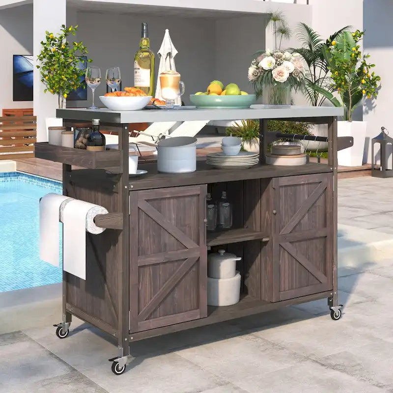 Outdoor Kitchen Island, Rolling Bar Cart & Storage Cabinet,Solid Wood Grill Table with Stainless Steel Top,Spice Rack,Towel Rack