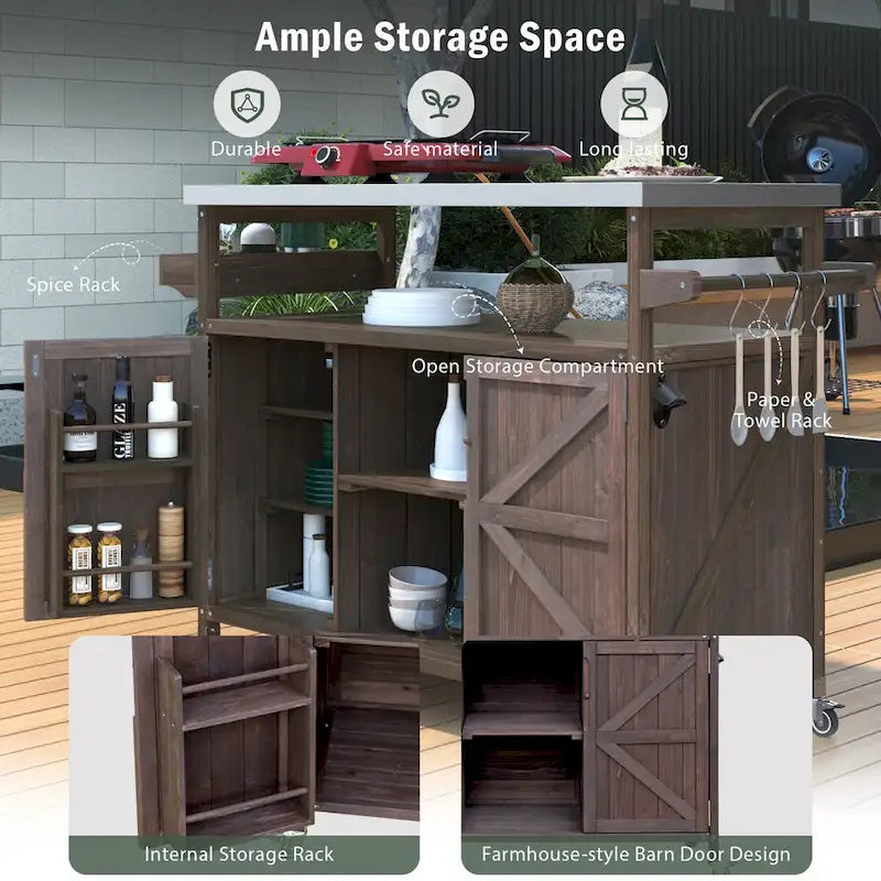 Outdoor Kitchen Island, Rolling Bar Cart & Storage Cabinet,Solid Wood Grill Table with Stainless Steel Top,Spice Rack,Towel Rack
