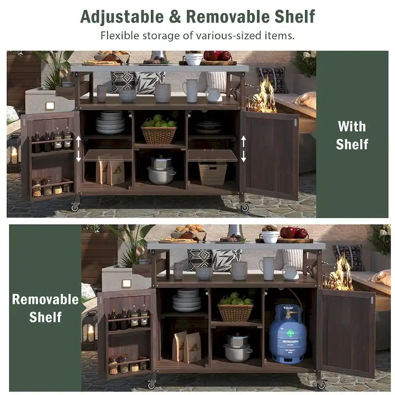 Outdoor Kitchen Island, Rolling Bar Cart & Storage Cabinet,Solid Wood Grill Table with Stainless Steel Top,Spice Rack,Towel Rack
