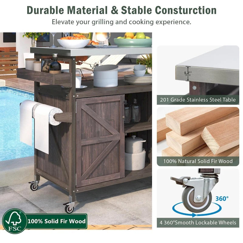 Outdoor Kitchen Island, Rolling Bar Cart & Storage Cabinet,Solid Wood Grill Table with Stainless Steel Top,Spice Rack,Towel Rack