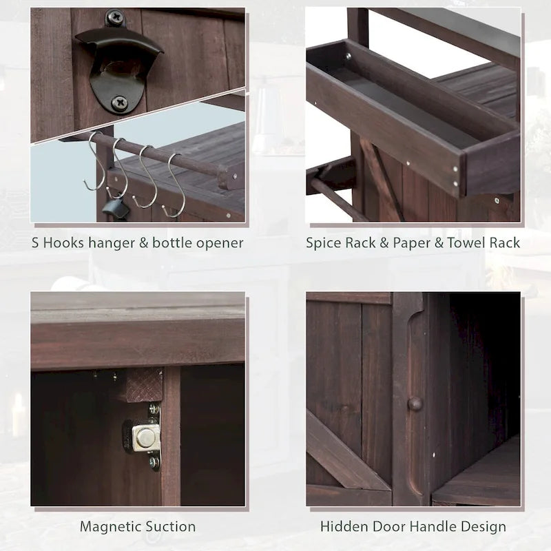 Outdoor Kitchen Island, Rolling Bar Cart & Storage Cabinet,Solid Wood Grill Table with Stainless Steel Top,Spice Rack,Towel Rack