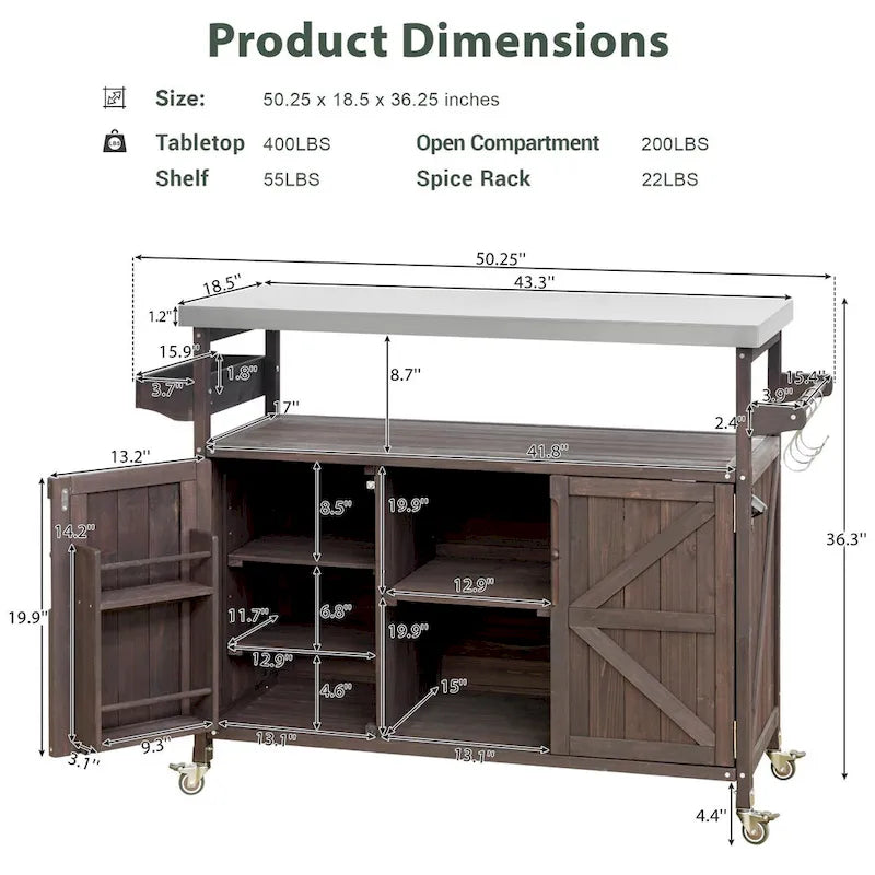 Outdoor Kitchen Island, Rolling Bar Cart & Storage Cabinet,Solid Wood Grill Table with Stainless Steel Top,Spice Rack,Towel Rack