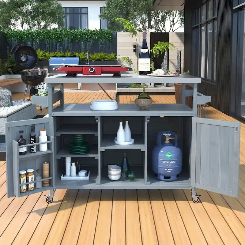 Outdoor Kitchen Island, Rolling Bar Cart & Storage Cabinet,Solid Wood Grill Table with Stainless Steel Top,Spice Rack,Towel Rack