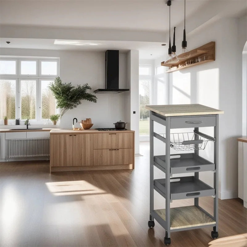 Mobile Kitchen Island Cart with Drawer and Slide-Out Storage Basket - N/A
