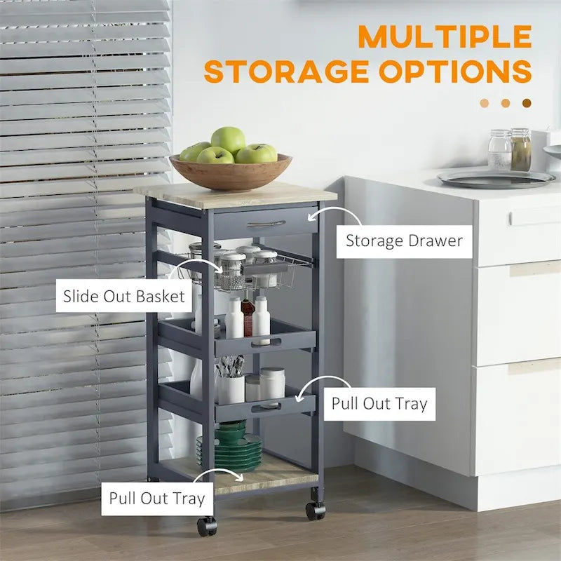 Mobile Kitchen Island Cart with Drawer and Slide-Out Storage Basket - N/A