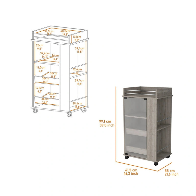 Willow Park Glass Door Bar Cart with Bottle Holder and Casters Light Gray
