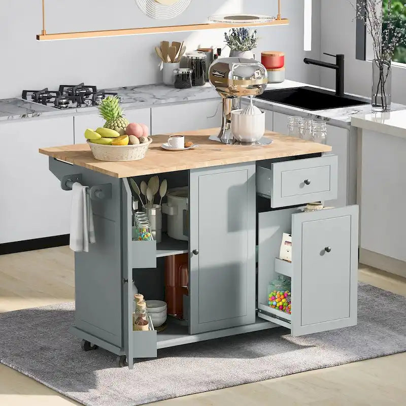 53.9 in. W Kitchen Island Rubberwood Drop-Leaf Countertop on 5 Wheels with Internal Storage Rack and 3 Tier Pull Out Cabinet