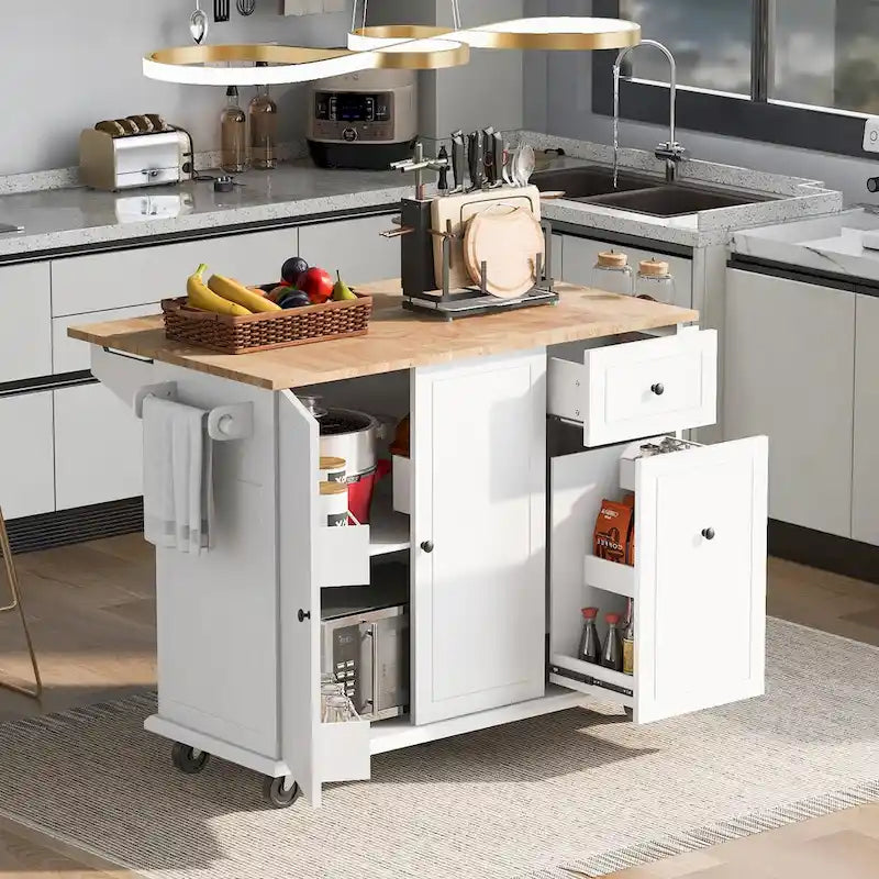 53.9 in. W Kitchen Island Rubberwood Drop-Leaf Countertop on 5 Wheels with Internal Storage Rack and 3 Tier Pull Out Cabinet