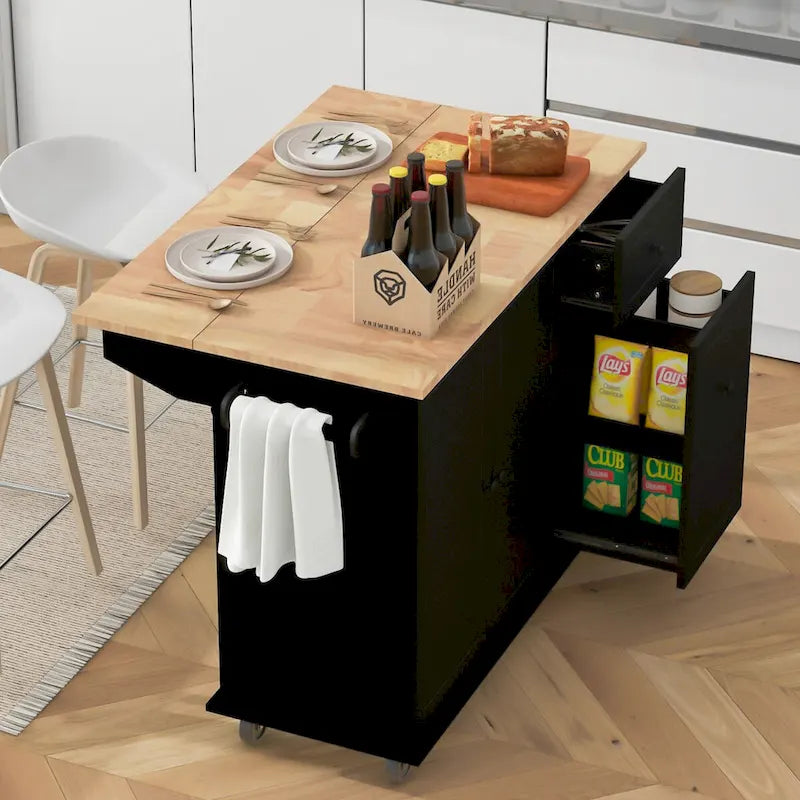 53.9 in. W Kitchen Island Rubberwood Drop-Leaf Countertop on 5 Wheels with Internal Storage Rack and 3 Tier Pull Out Cabinet