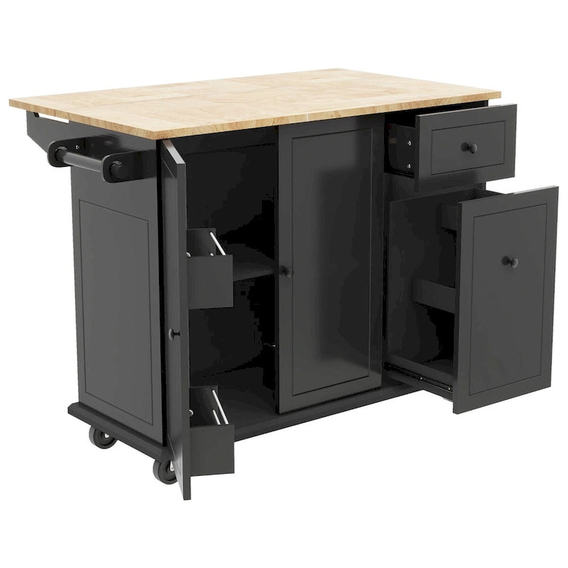 53.9 in. W Kitchen Island Rubberwood Drop-Leaf Countertop on 5 Wheels with Internal Storage Rack and 3 Tier Pull Out Cabinet