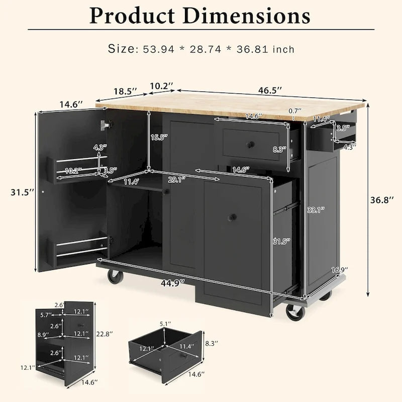 53.9 in. W Kitchen Island Rubberwood Drop-Leaf Countertop on 5 Wheels with Internal Storage Rack and 3 Tier Pull Out Cabinet