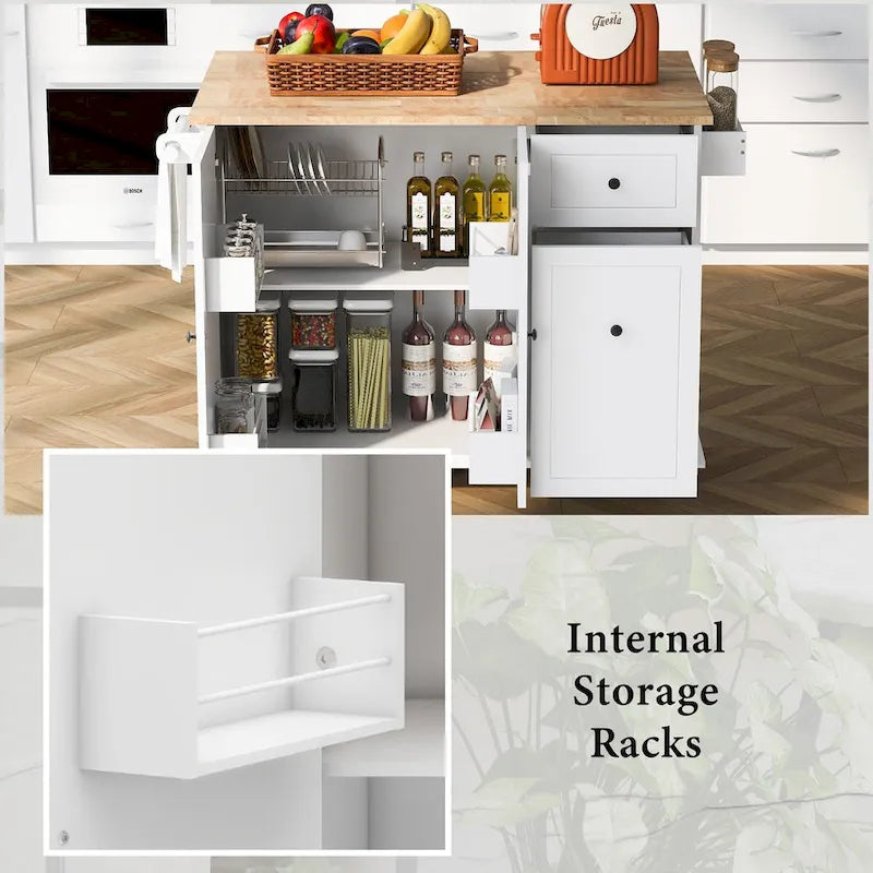 53.9 in. W Kitchen Island Rubberwood Drop-Leaf Countertop on 5 Wheels with Internal Storage Rack and 3 Tier Pull Out Cabinet