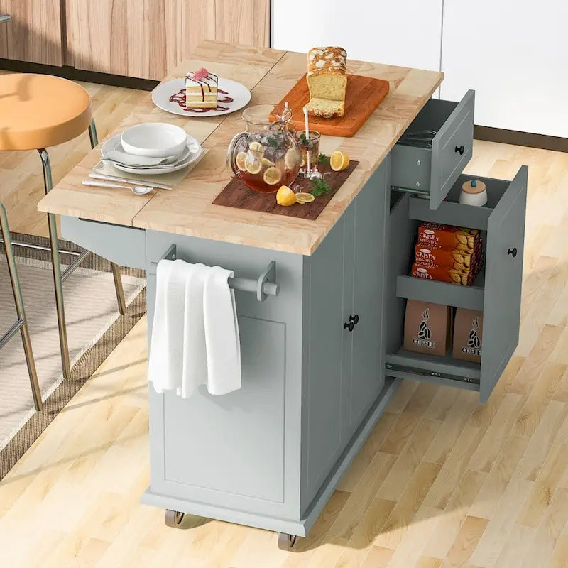 53.9 in. W Kitchen Island Rubberwood Drop-Leaf Countertop on 5 Wheels with Internal Storage Rack and 3 Tier Pull Out Cabinet