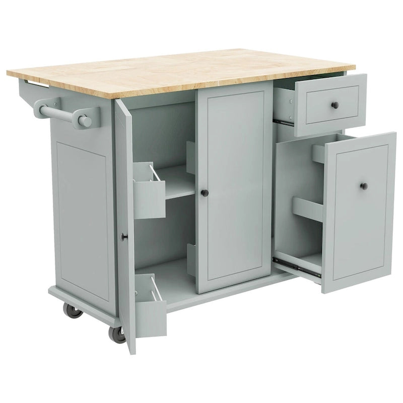 53.9 in. W Kitchen Island Rubberwood Drop-Leaf Countertop on 5 Wheels with Internal Storage Rack and 3 Tier Pull Out Cabinet