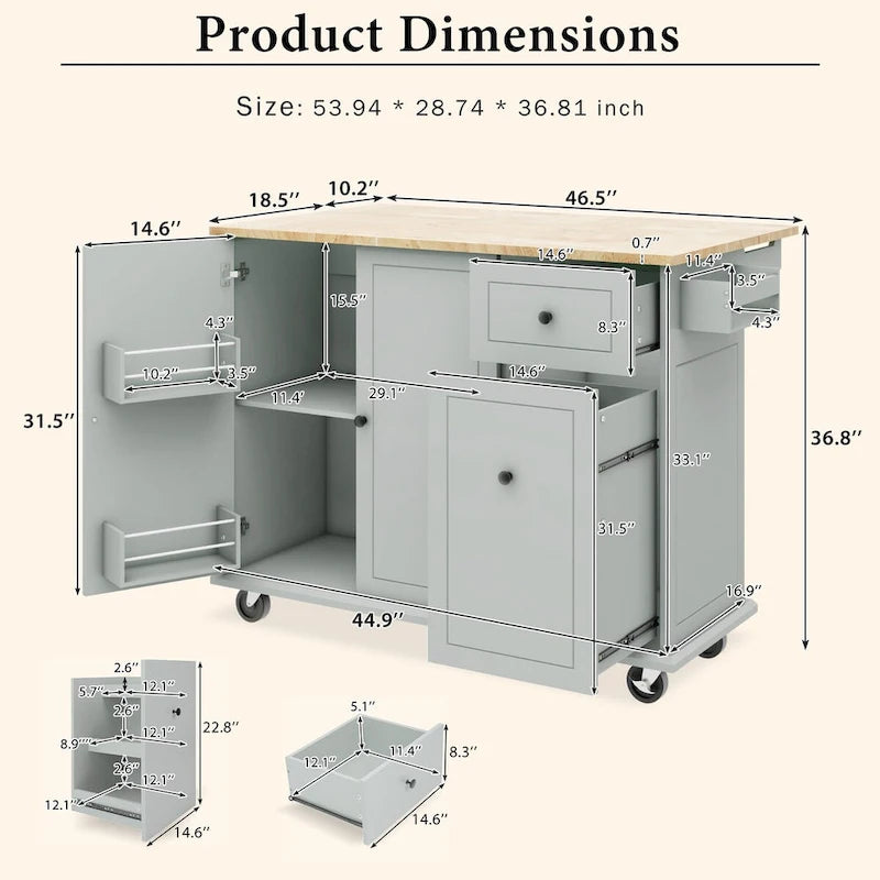 53.9 in. W Kitchen Island Rubberwood Drop-Leaf Countertop on 5 Wheels with Internal Storage Rack and 3 Tier Pull Out Cabinet