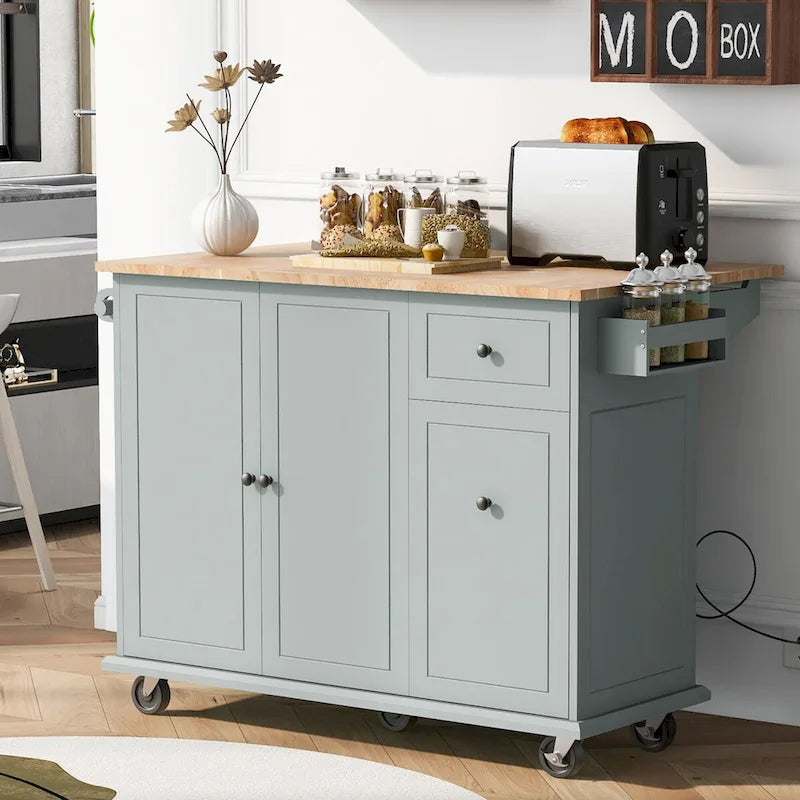 53.9 in. W Kitchen Island Rubberwood Drop-Leaf Countertop on 5 Wheels with Internal Storage Rack and 3 Tier Pull Out Cabinet