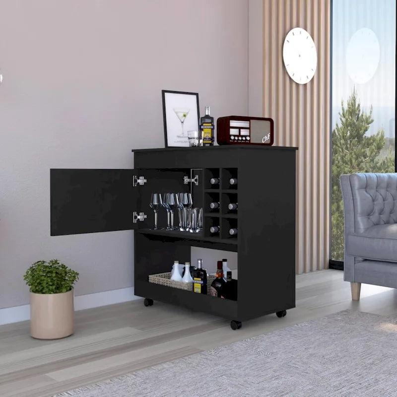 Bar Cart Aloha, Lower Panel, Six Bottle Cubbies, One Cabinet for Kitchen, Party and Living Room