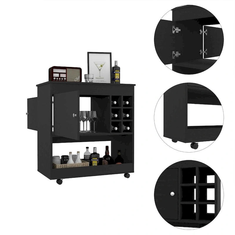 Bar Cart Aloha, Lower Panel, Six Bottle Cubbies, One Cabinet for Kitchen, Party and Living Room