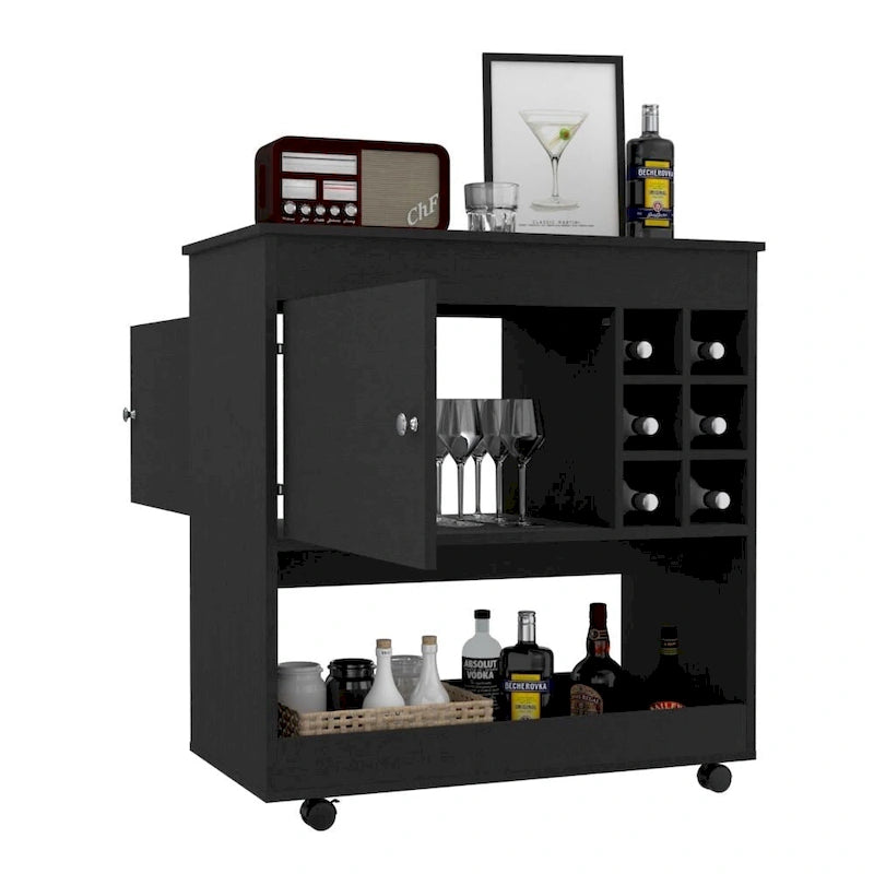Bar Cart Aloha, Lower Panel, Six Bottle Cubbies, One Cabinet for Kitchen, Party and Living Room