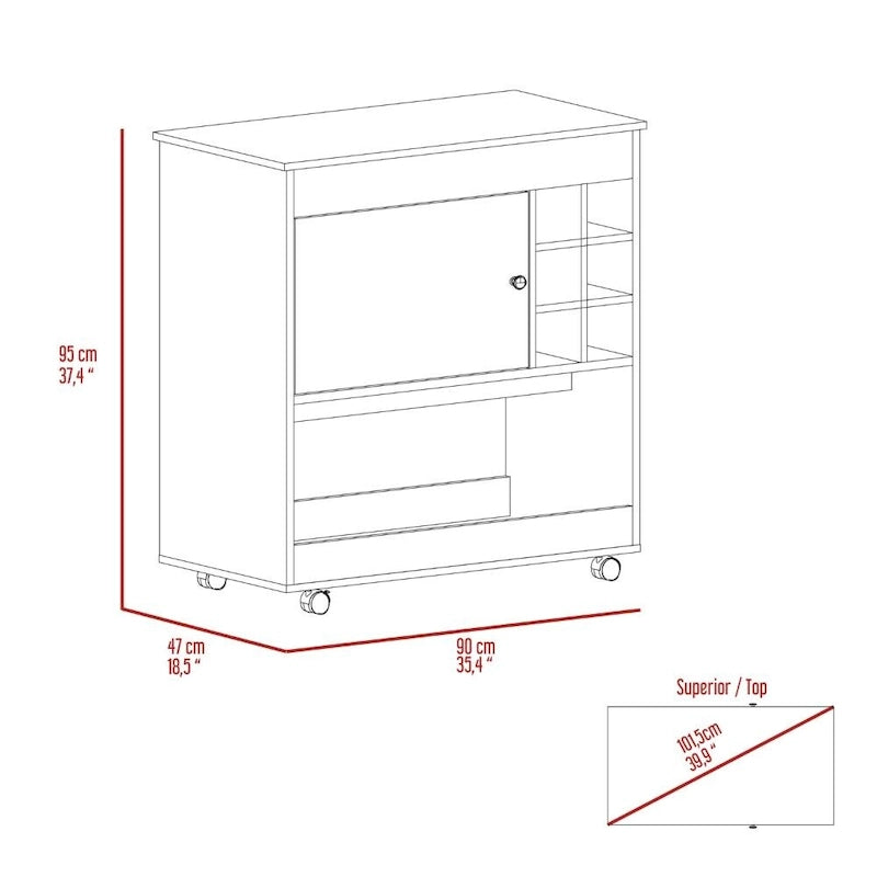 Bar Cart Aloha, Lower Panel, Six Bottle Cubbies, One Cabinet for Kitchen, Party and Living Room