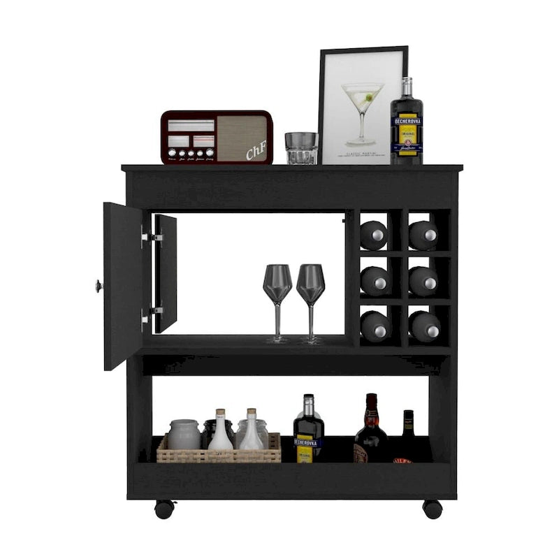 Bar Cart Aloha, Lower Panel, Six Bottle Cubbies, One Cabinet for Kitchen, Party and Living Room