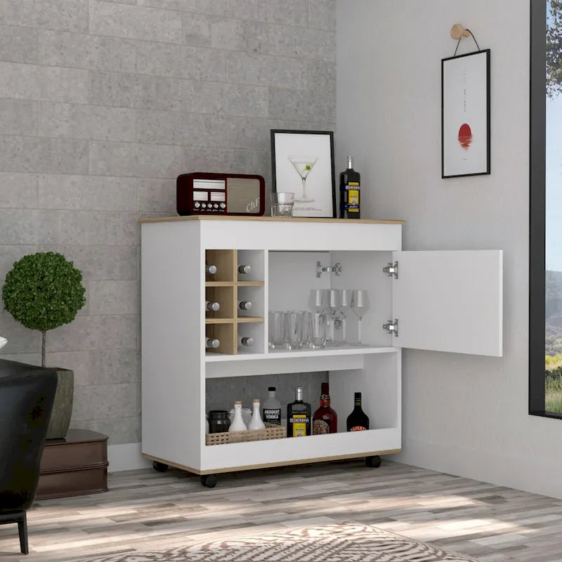 Bar Cart Aloha, Lower Panel, Six Bottle Cubbies, One Cabinet for Kitchen, Party and Living Room