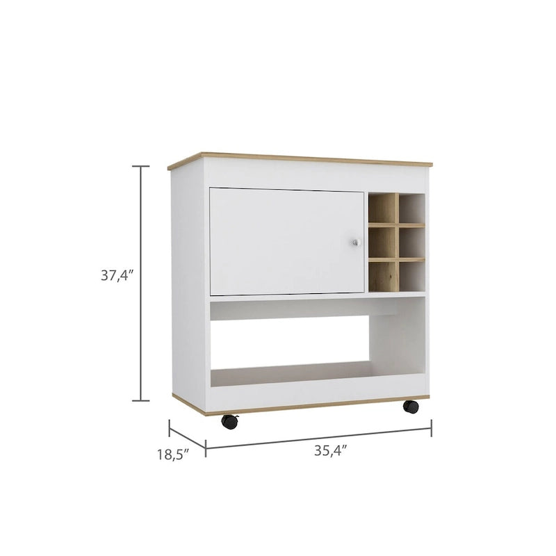 Bar Cart Aloha, Lower Panel, Six Bottle Cubbies, One Cabinet for Kitchen, Party and Living Room