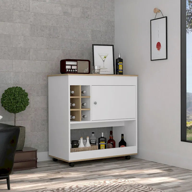 Bar Cart Aloha, Lower Panel, Six Bottle Cubbies, One Cabinet for Kitchen, Party and Living Room
