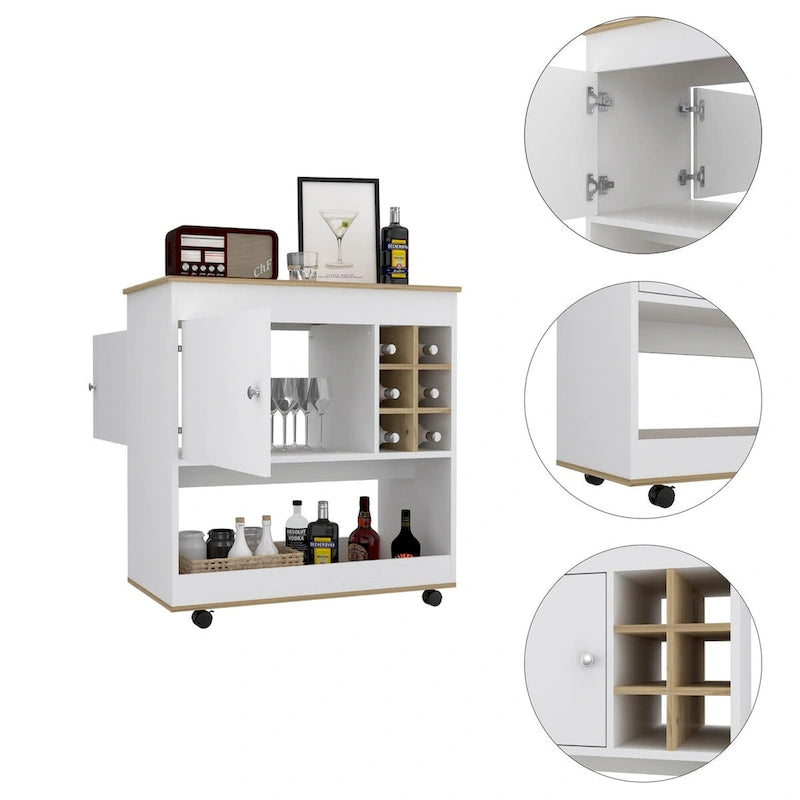 Bar Cart Aloha, Lower Panel, Six Bottle Cubbies, One Cabinet for Kitchen, Party and Living Room