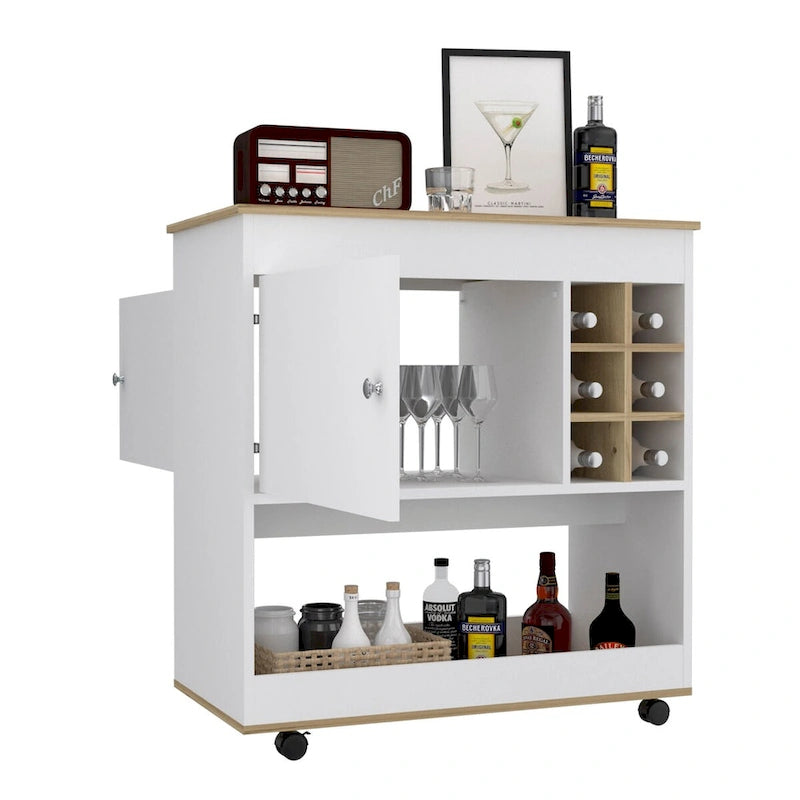 Bar Cart Aloha, Lower Panel, Six Bottle Cubbies, One Cabinet for Kitchen, Party and Living Room