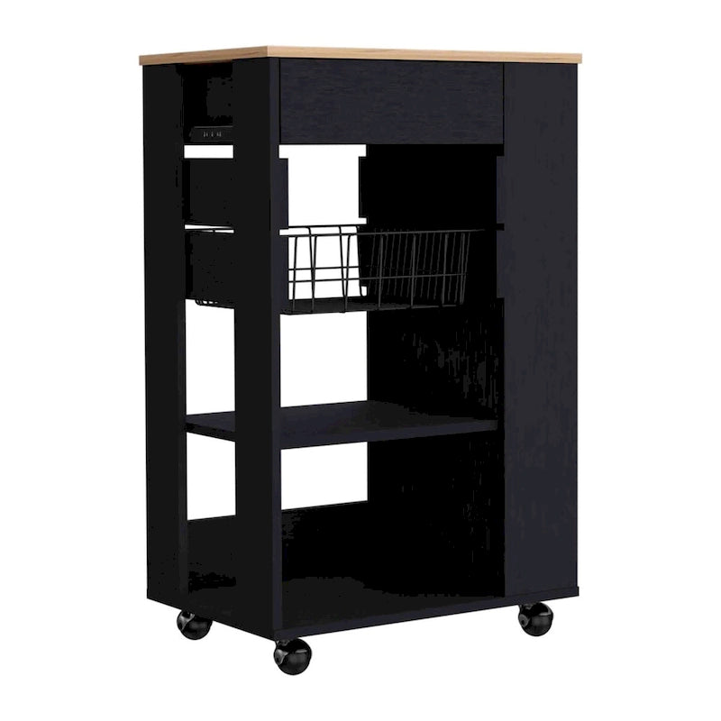 Kitchen Cart, One Drawer, Two Open Shelves, Four Casters -White / Light Oak