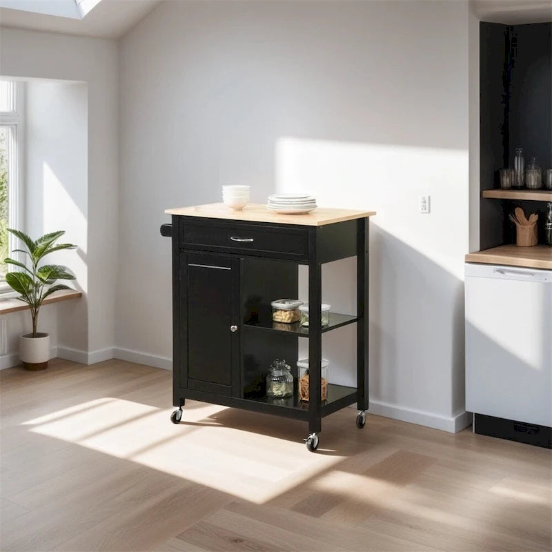 Rolling Kitchen Island Cart with Storage and Solid Wood Top - N/A