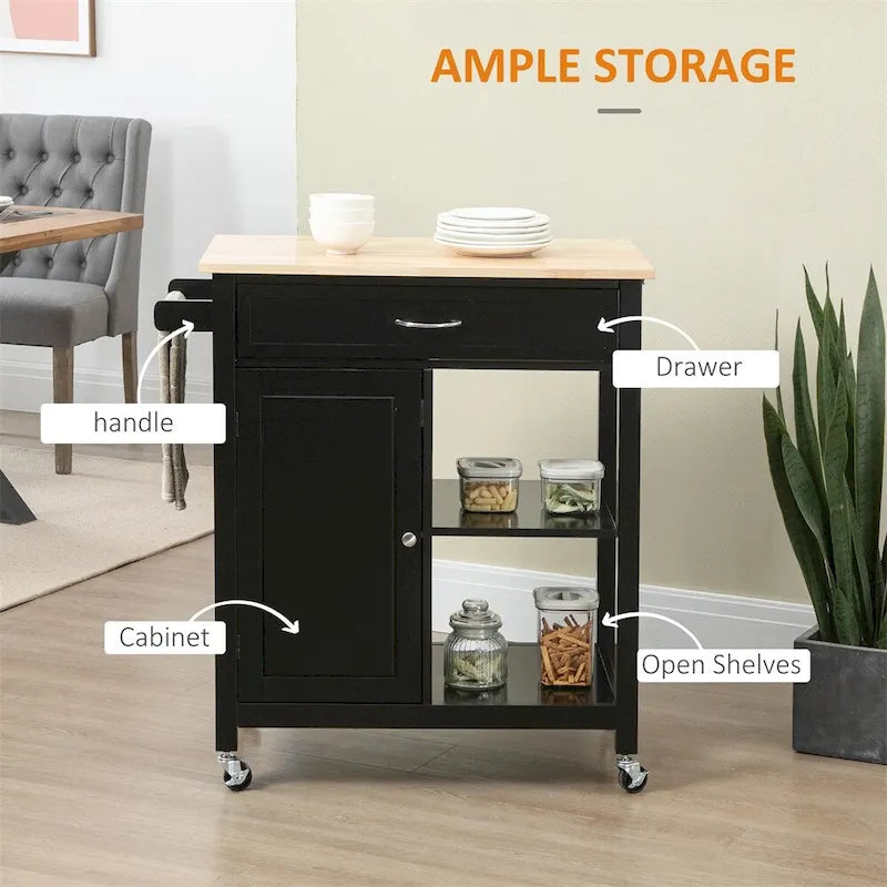 Rolling Kitchen Island Cart with Storage and Solid Wood Top - N/A