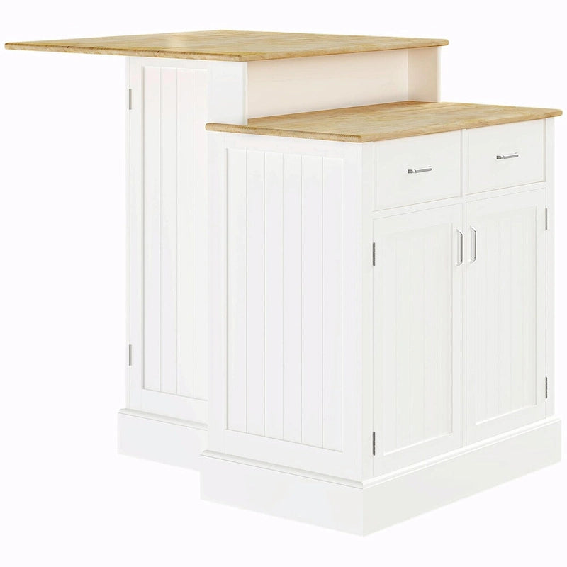 Kitchen Island with Storage Cabinet, 2-Level Rubber Wood Top, Adjustable Shelves, and Drawers