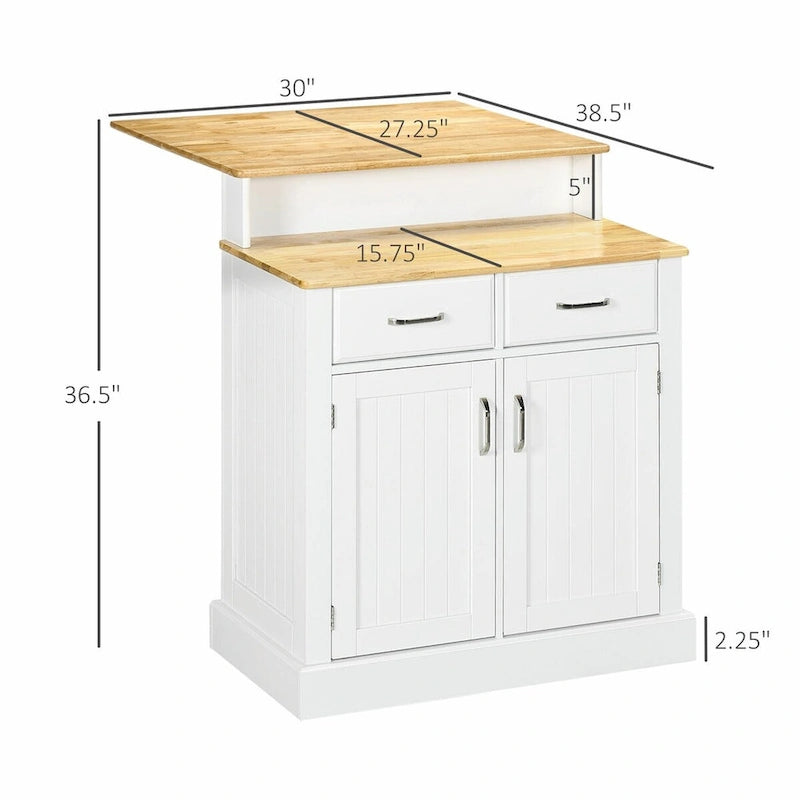 Kitchen Island with Storage Cabinet, 2-Level Rubber Wood Top, Adjustable Shelves, and Drawers