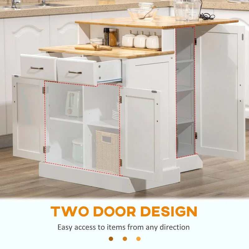 Kitchen Island with Storage Cabinet, 2-Level Rubber Wood Top, Adjustable Shelves, and Drawers