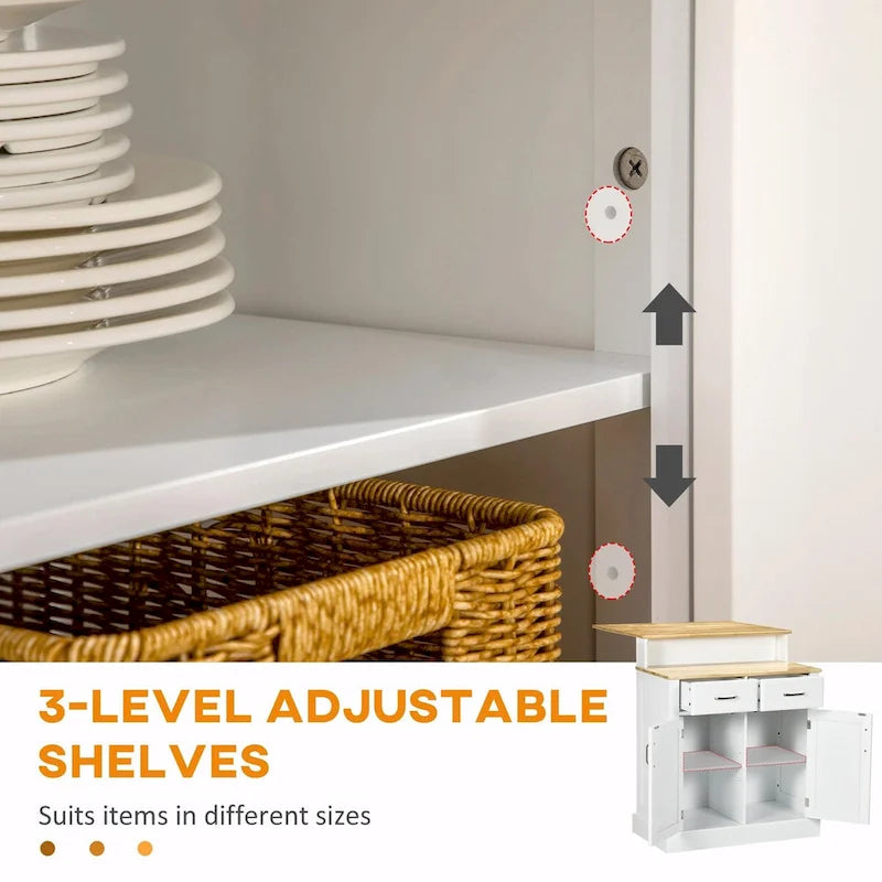 Kitchen Island with Storage Cabinet, 2-Level Rubber Wood Top, Adjustable Shelves, and Drawers