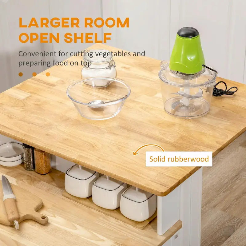 Kitchen Island with Storage Cabinet, 2-Level Rubber Wood Top, Adjustable Shelves, and Drawers
