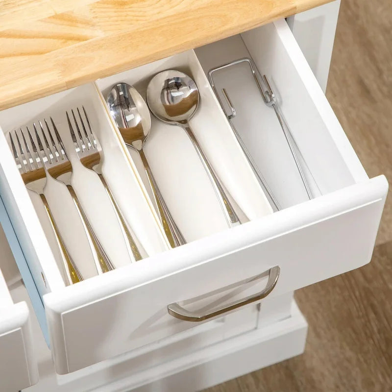 Kitchen Island with Storage Cabinet, 2-Level Rubber Wood Top, Adjustable Shelves, and Drawers