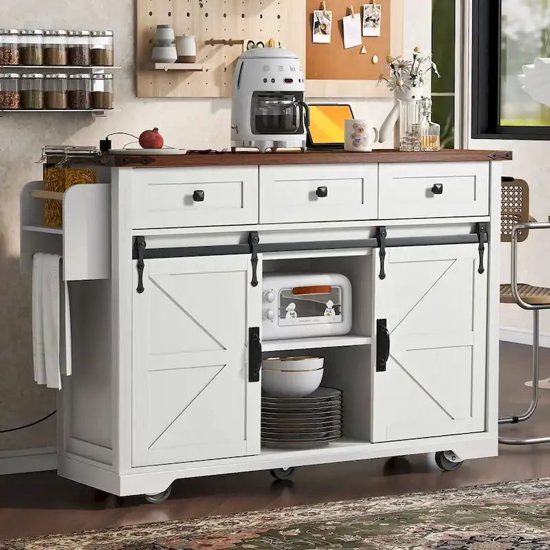 53.7Kitchen Island with Power Outlet,2 Sliding Barn Door Island with Drop Leaf,Spice Rack Rolling Kitchen Cart on Wheels