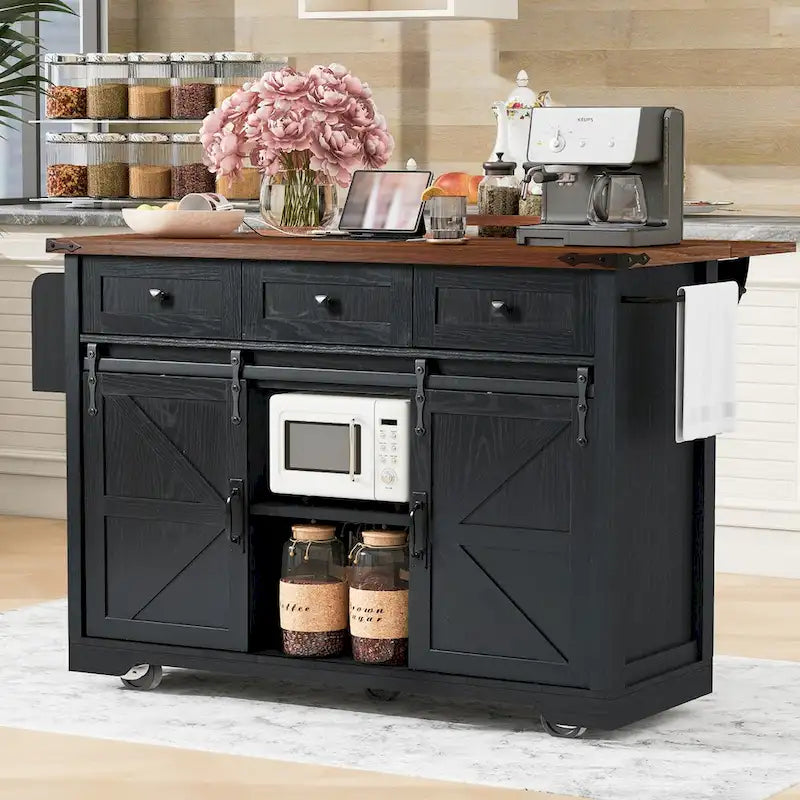 53.7Kitchen Island with Power Outlet,2 Sliding Barn Door Island with Drop Leaf,Spice Rack Rolling Kitchen Cart on Wheels