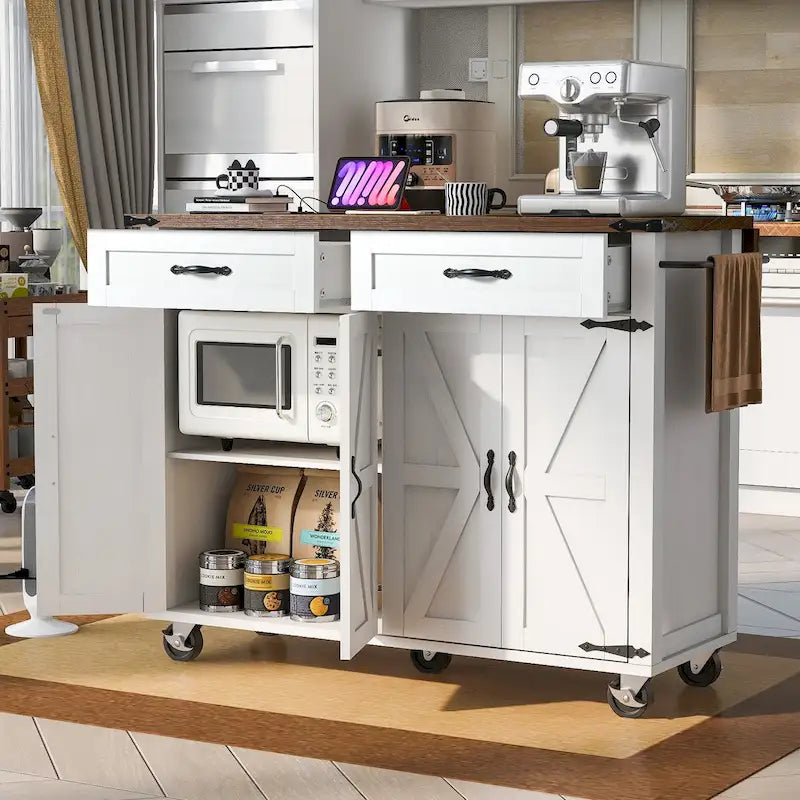 53.5Kitchen Island with Power Outlet,Storage Island with Drop Leaf,Spice Rack and Drawer,Rolling Kitchen Cart on Wheels