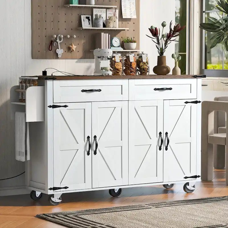 53.5Kitchen Island with Power Outlet,Storage Island with Drop Leaf,Spice Rack and Drawer,Rolling Kitchen Cart on Wheels
