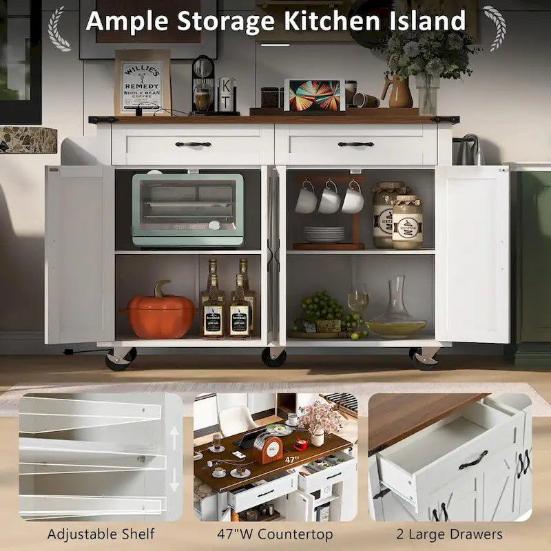 53.5Kitchen Island with Power Outlet,Storage Island with Drop Leaf,Spice Rack and Drawer,Rolling Kitchen Cart on Wheels