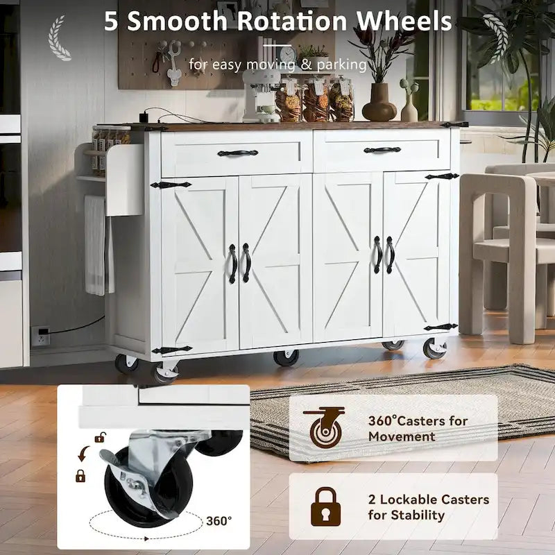 53.5Kitchen Island with Power Outlet,Storage Island with Drop Leaf,Spice Rack and Drawer,Rolling Kitchen Cart on Wheels