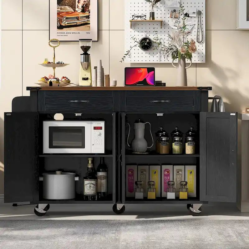 53.5Kitchen Island with Power Outlet,Storage Island with Drop Leaf,Spice Rack and Drawer,Rolling Kitchen Cart on Wheels
