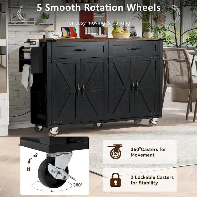 53.5Kitchen Island with Power Outlet,Storage Island with Drop Leaf,Spice Rack and Drawer,Rolling Kitchen Cart on Wheels