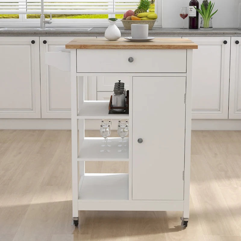 Kitchen Island Rolling Cart with Adjustable Shelves and Towel Rack, Rubberwood Top
