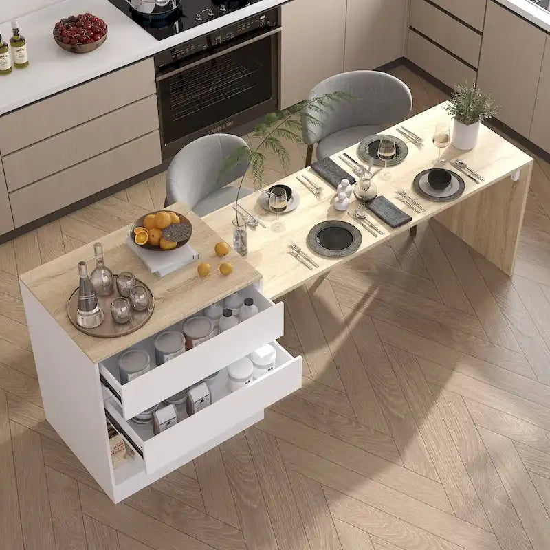 Kitchen Table 94.5 White/Wood Island for Breakfast, Bar, and Work
